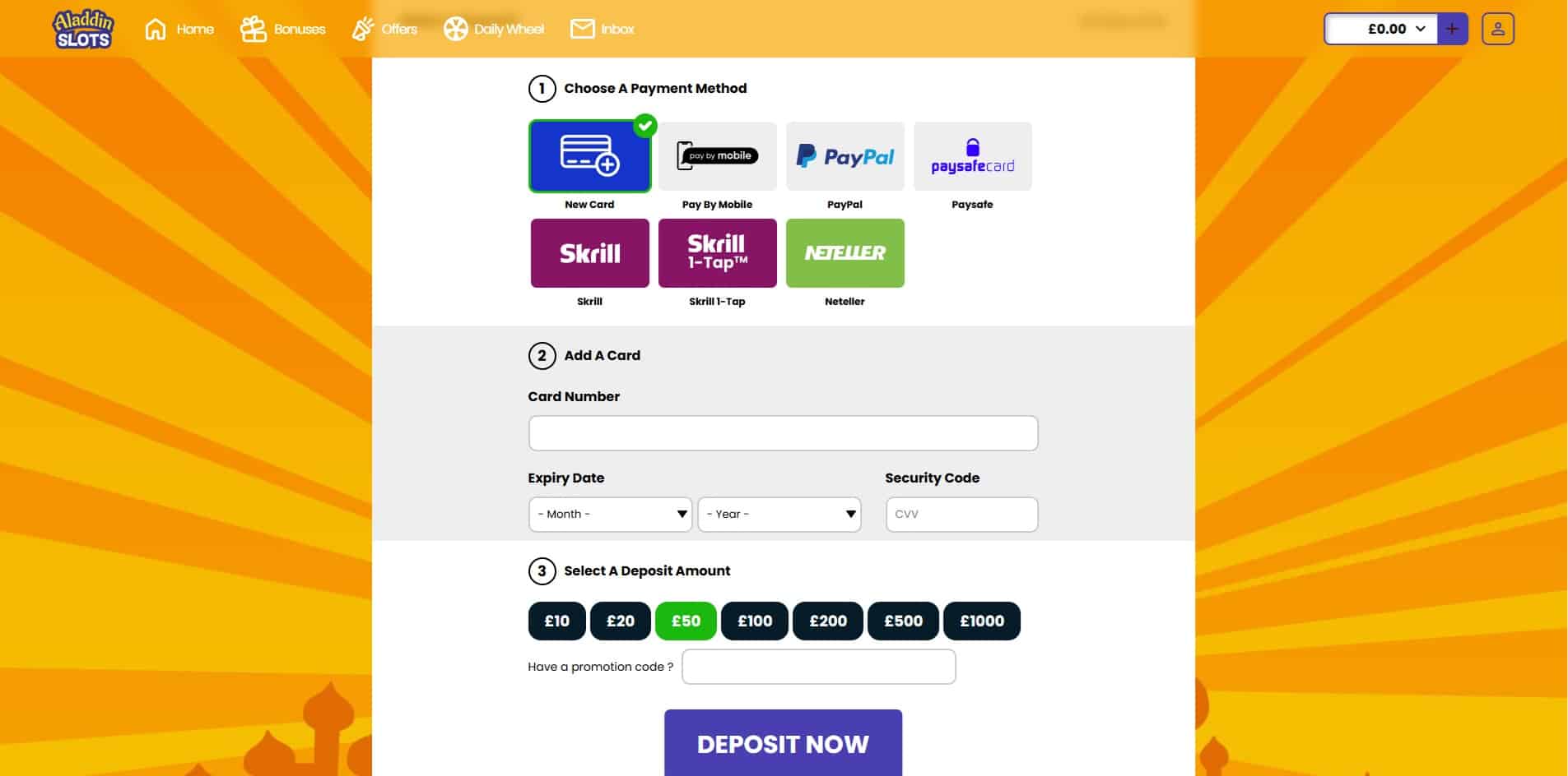 The Aladdin Slots deposit page