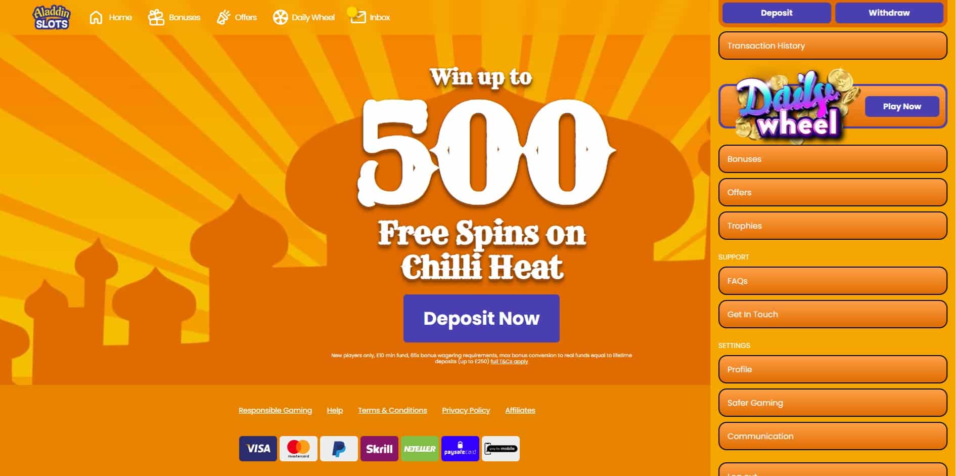 The account menu at Aladdin Slots