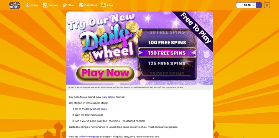 Daily prize wheel at Aladdin Slots