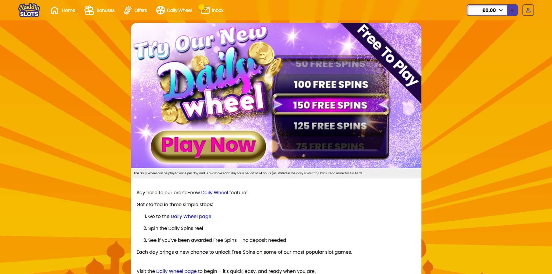 Daily prize wheel at Aladdin Slots
