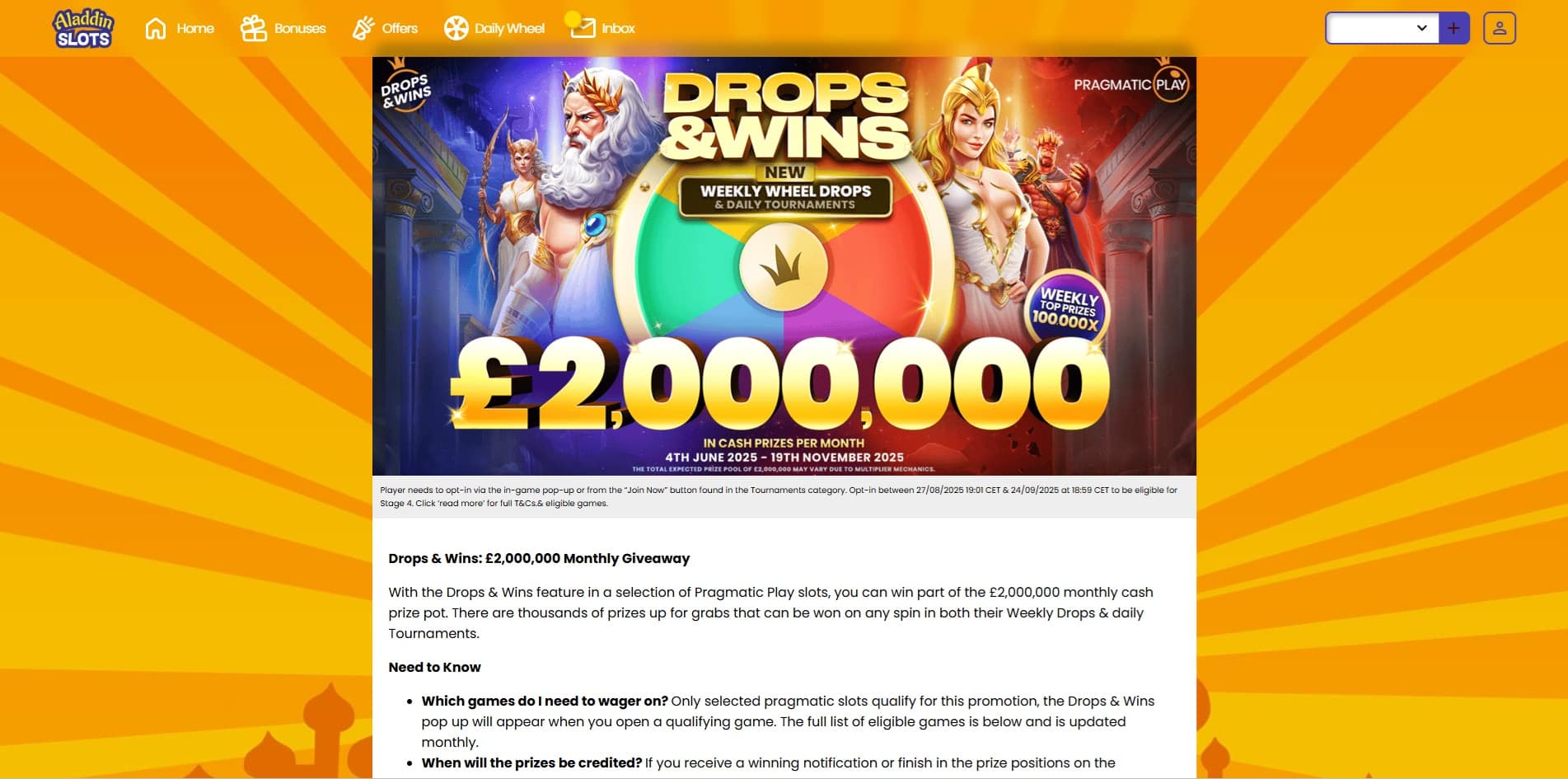Drops & Wins promotion at Aladdin Slots
