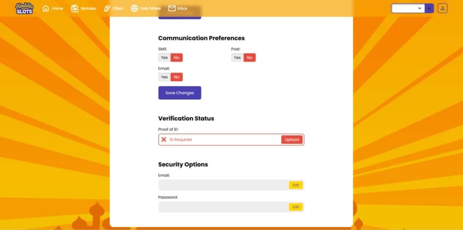 The account details page at Aladdin Slots