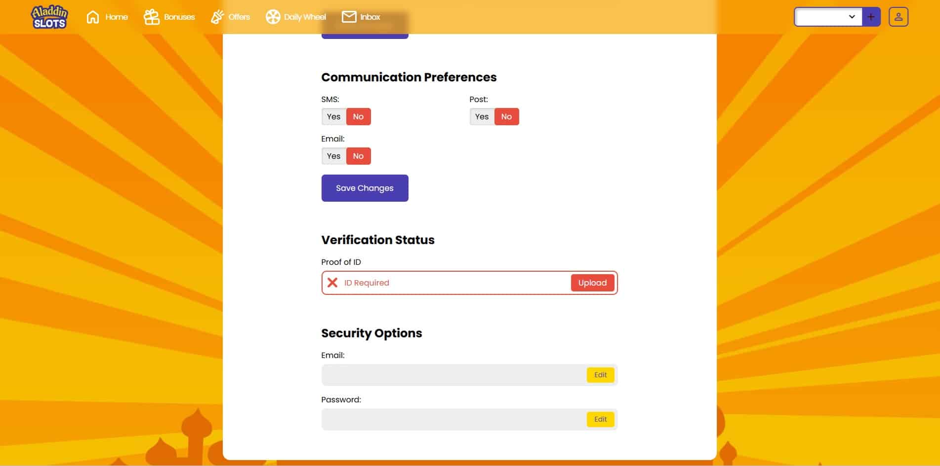 The account details page at Aladdin Slots
