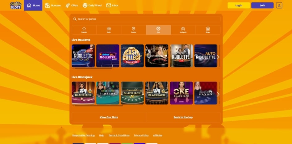 Live games at Aladdin Slots