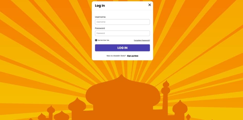 Log in page at Aladdin Slots