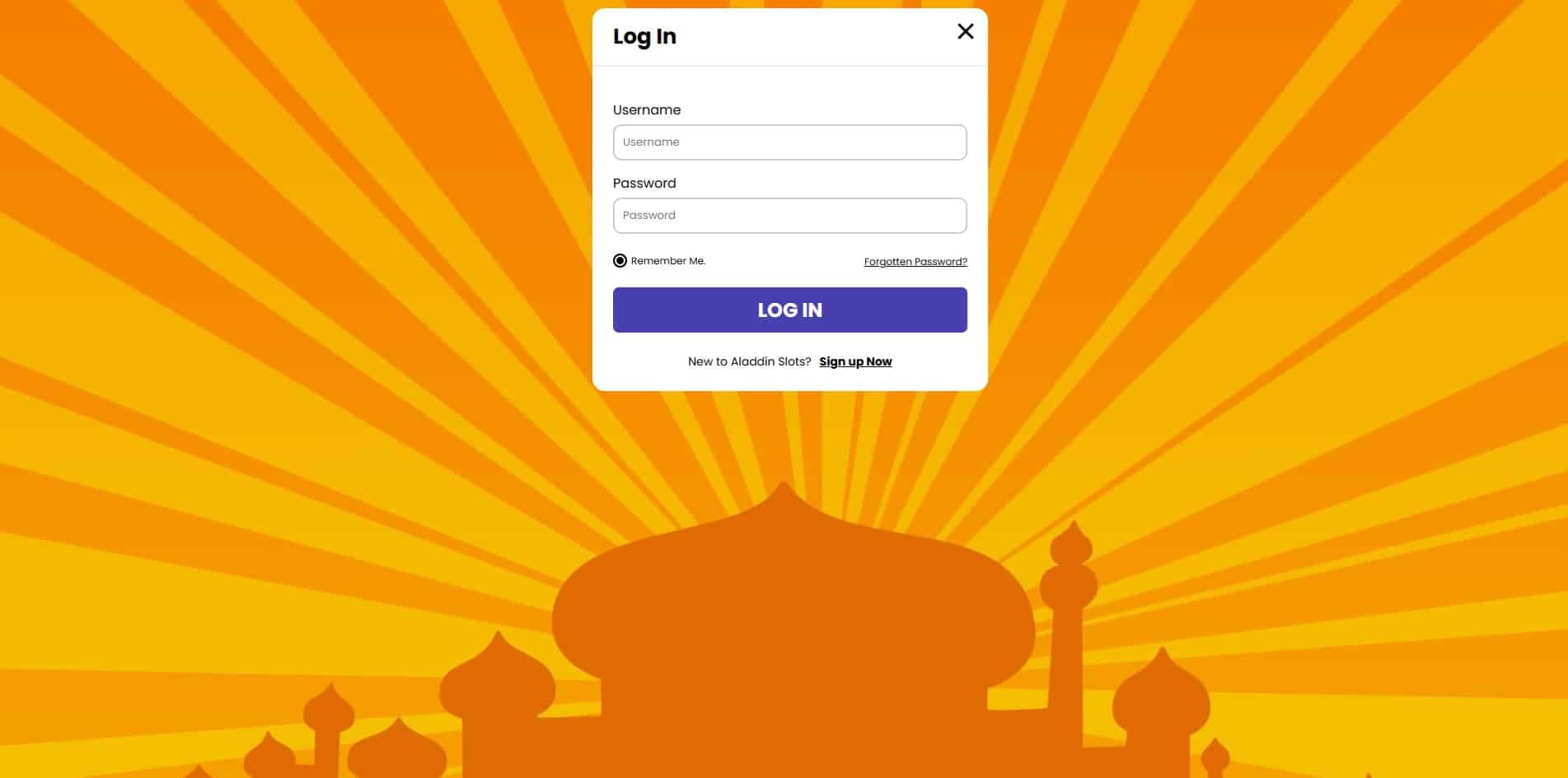 Log in page at Aladdin Slots
