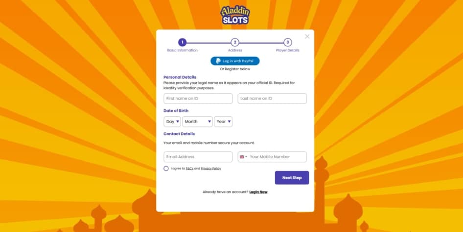 First page of the Aladdin Slots sign up process