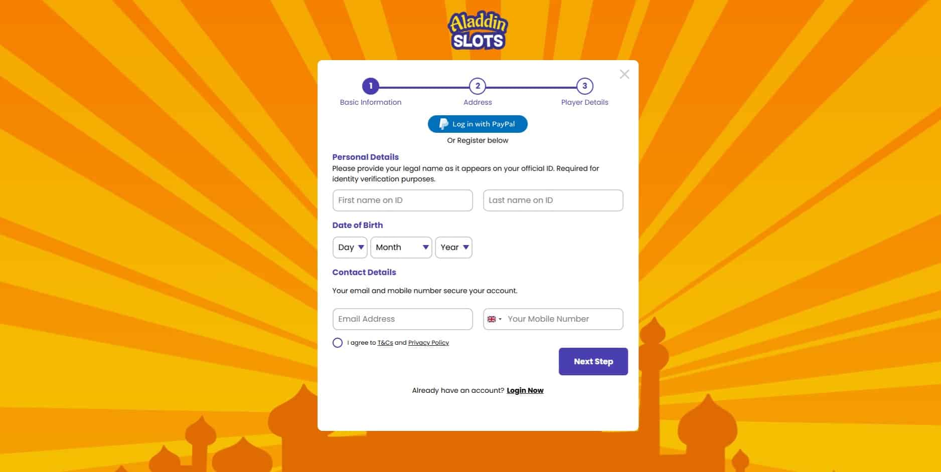 First page of the Aladdin Slots sign up process