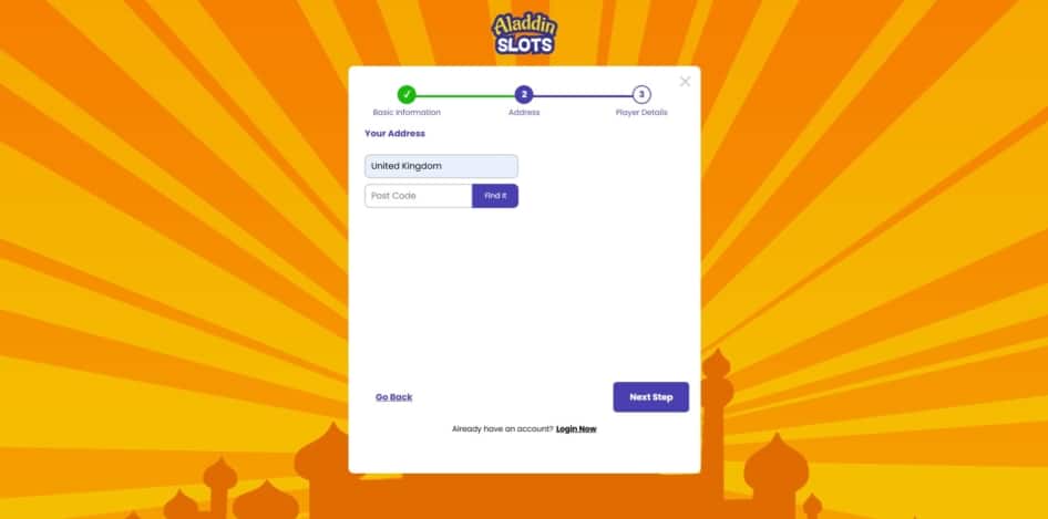 Second page of the Aladdin Slots sign up process