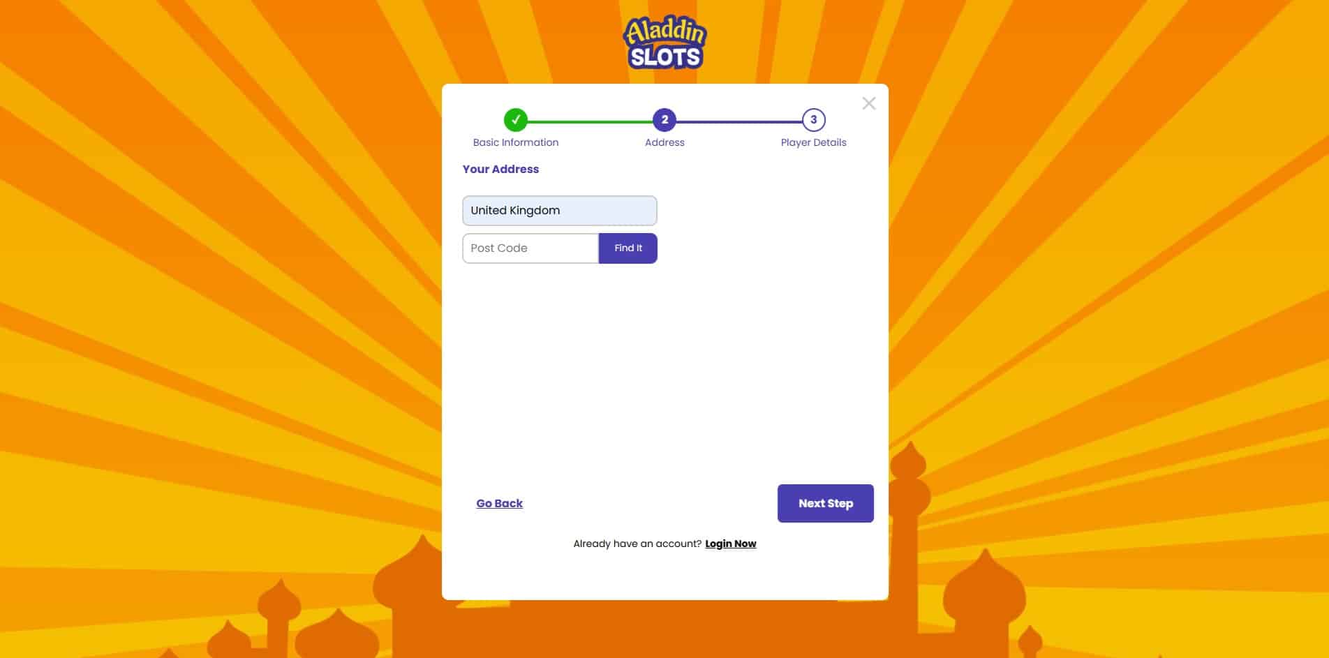 Second page of the Aladdin Slots sign up process