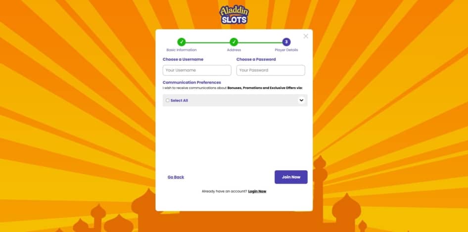 Final page of the Aladdin Slots sign up process