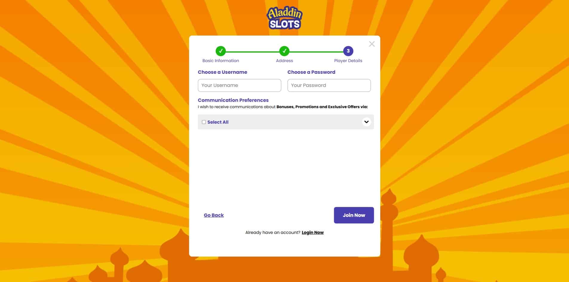 Final page of the Aladdin Slots sign up process