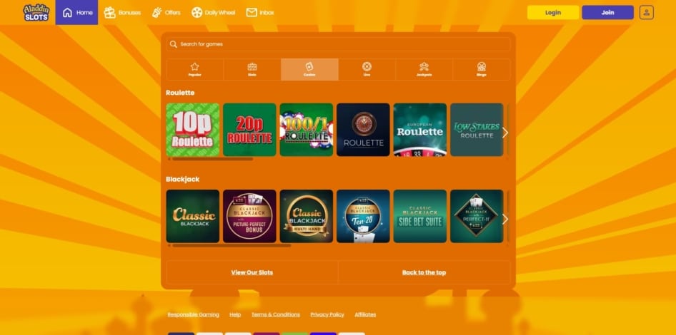 Table games at Aladdin Slots