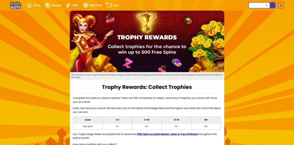 Trophy Rewards at Aladdin Slots