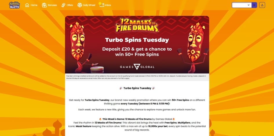 Turbo Spins Tuesday bonus at Aladdin Slots