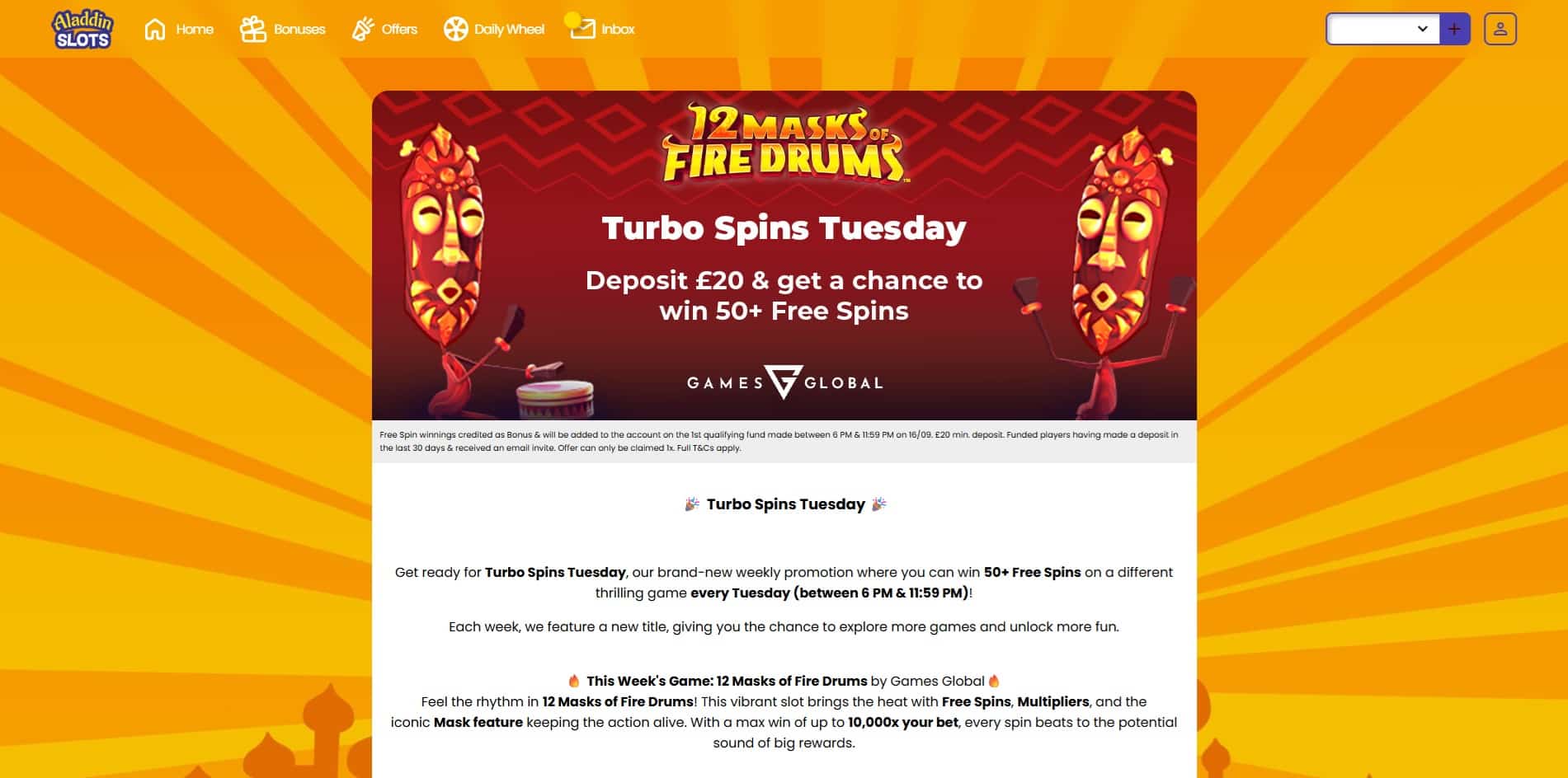 Turbo Spins Tuesday bonus at Aladdin Slots