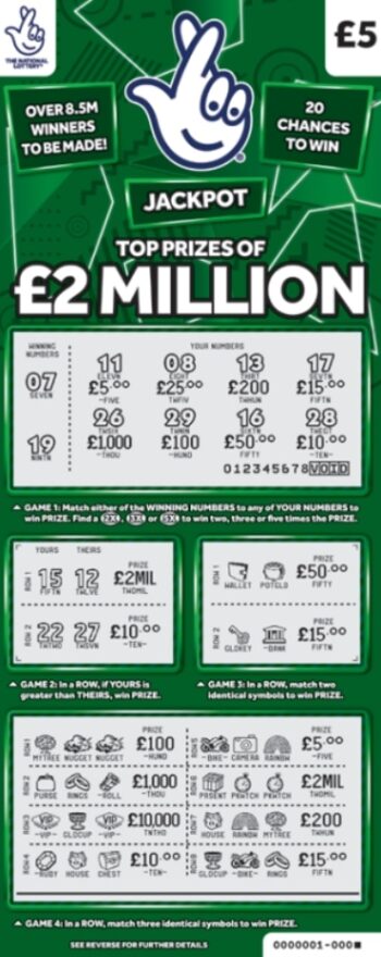 Sample of a cut lottery ticket £2 Million Green