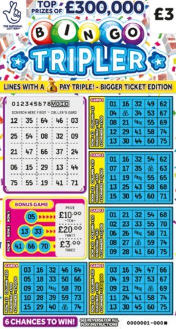 Sample of a scratched scratch card Bingo Tripler