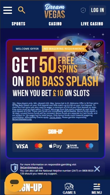 Dream Vegas Mobile App Homepage