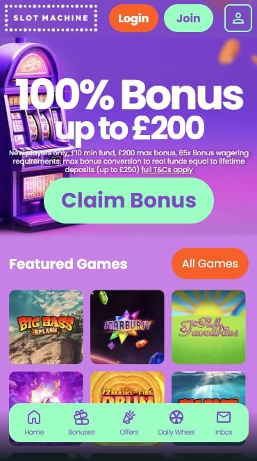 Slot Machine Mobile Homepage