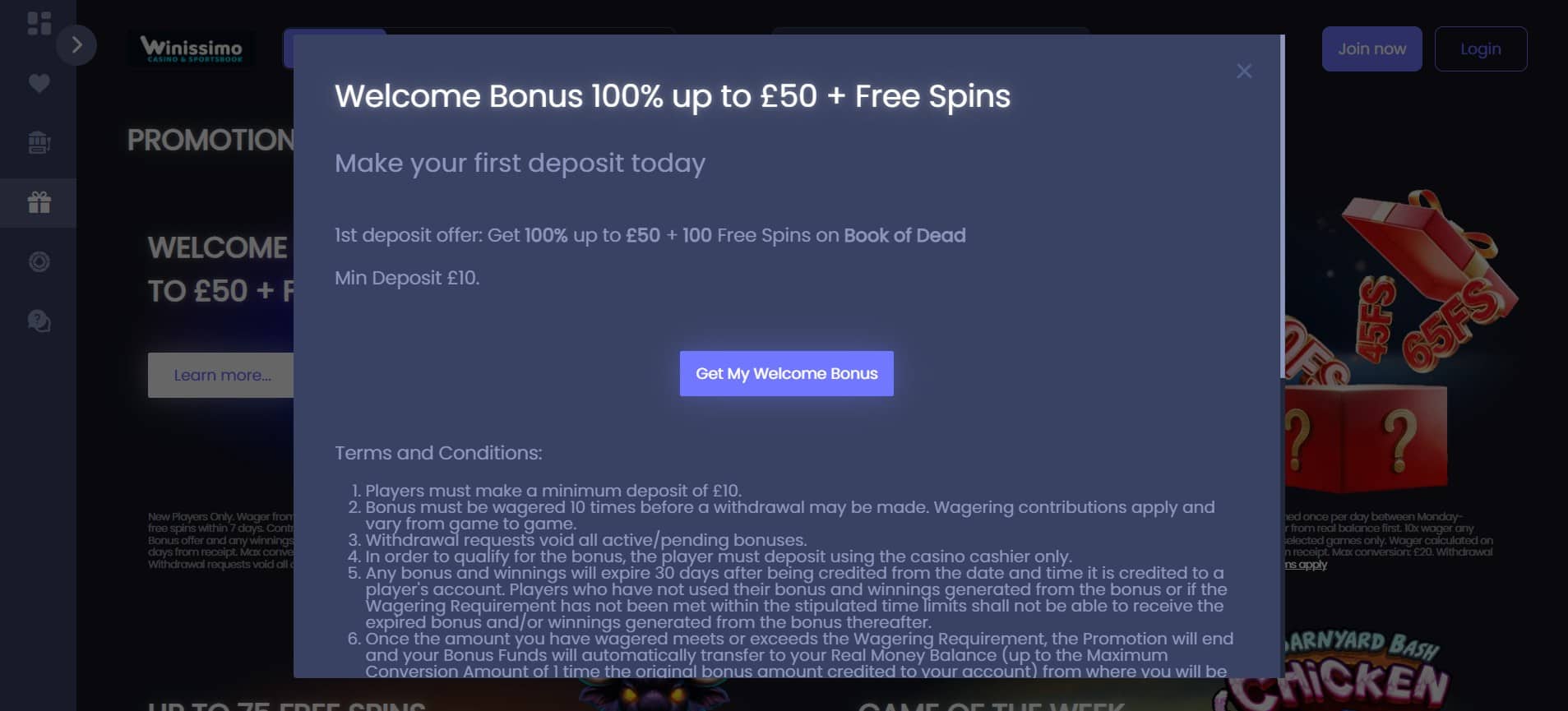 Winissimo welcome offer conditions