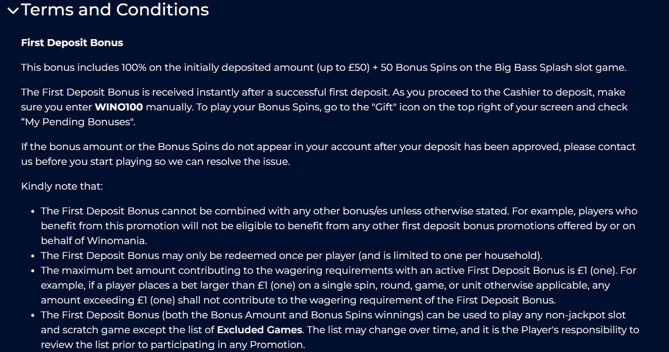 Winomania welcome offer conditions