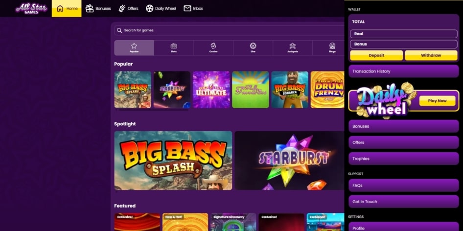 The account menu at All Star Games