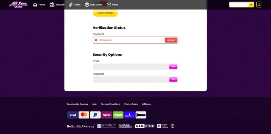All Star Games KYC page