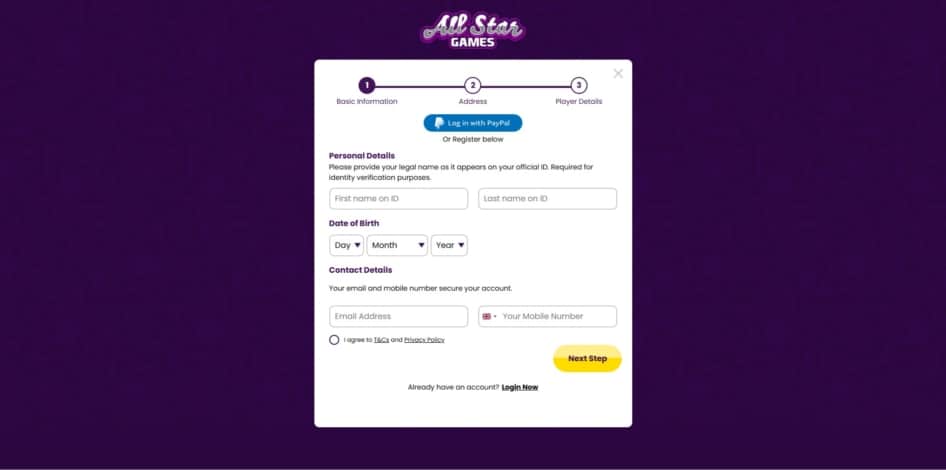 The first page of the sign up process for All Star Games