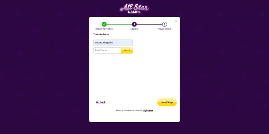 The second page of the sign up process at All Star Games
