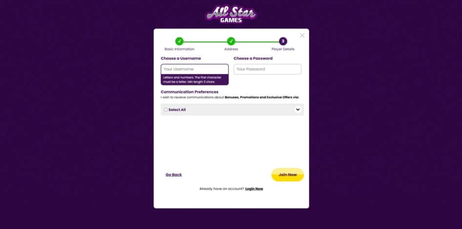The third page of the All Star Games sign up process