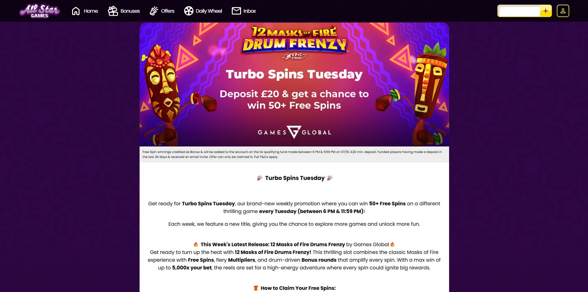 The Turbo Spins Tuesdays offer at All Star Games