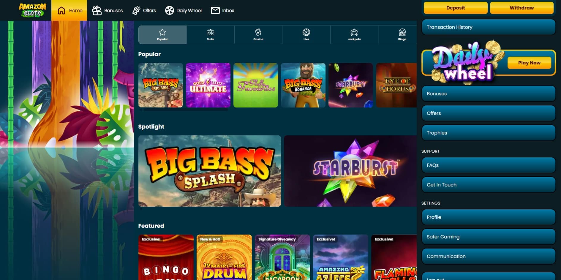 Amazon Slots account menu