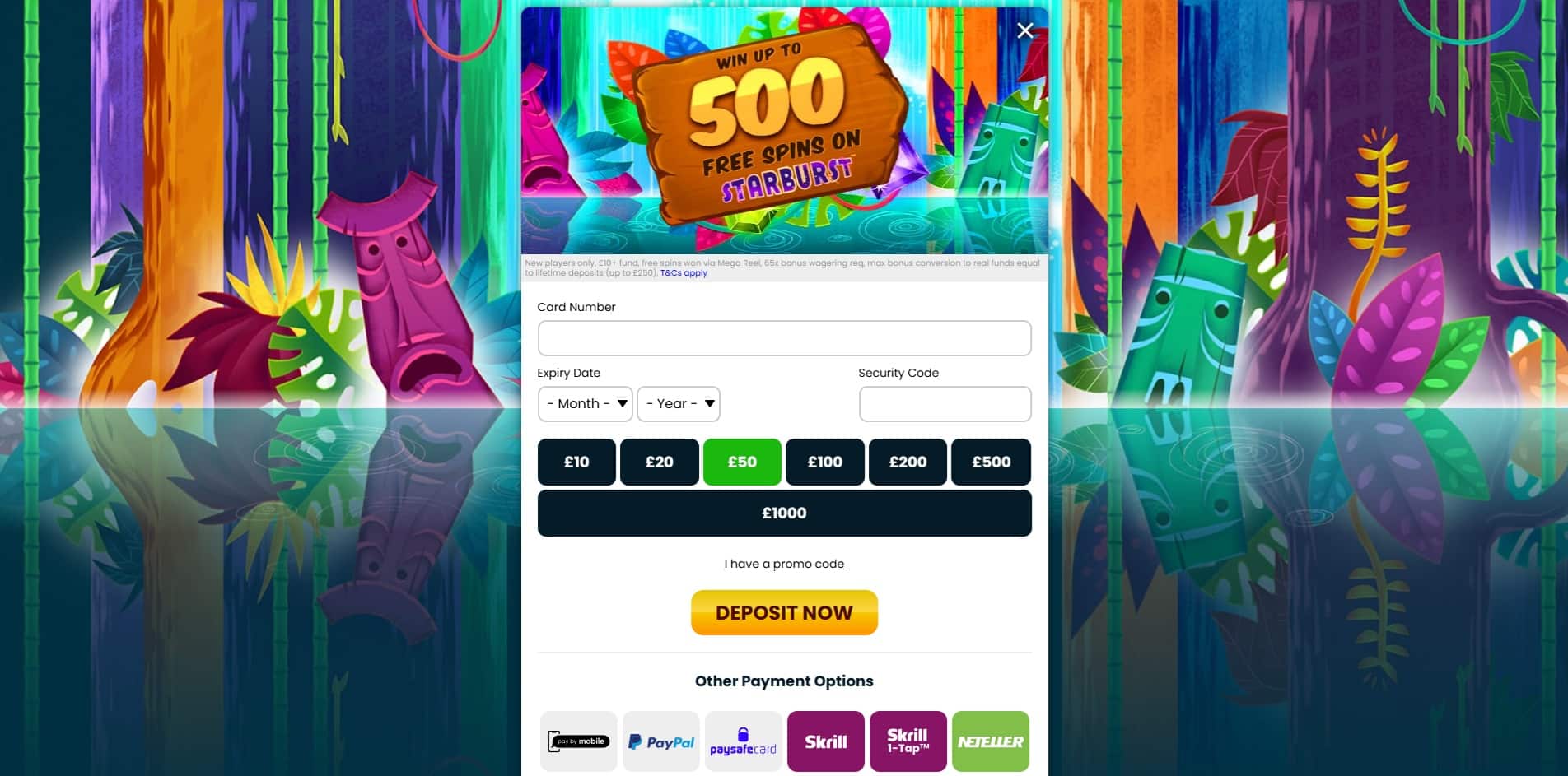 Deposit page of Amazon Slots