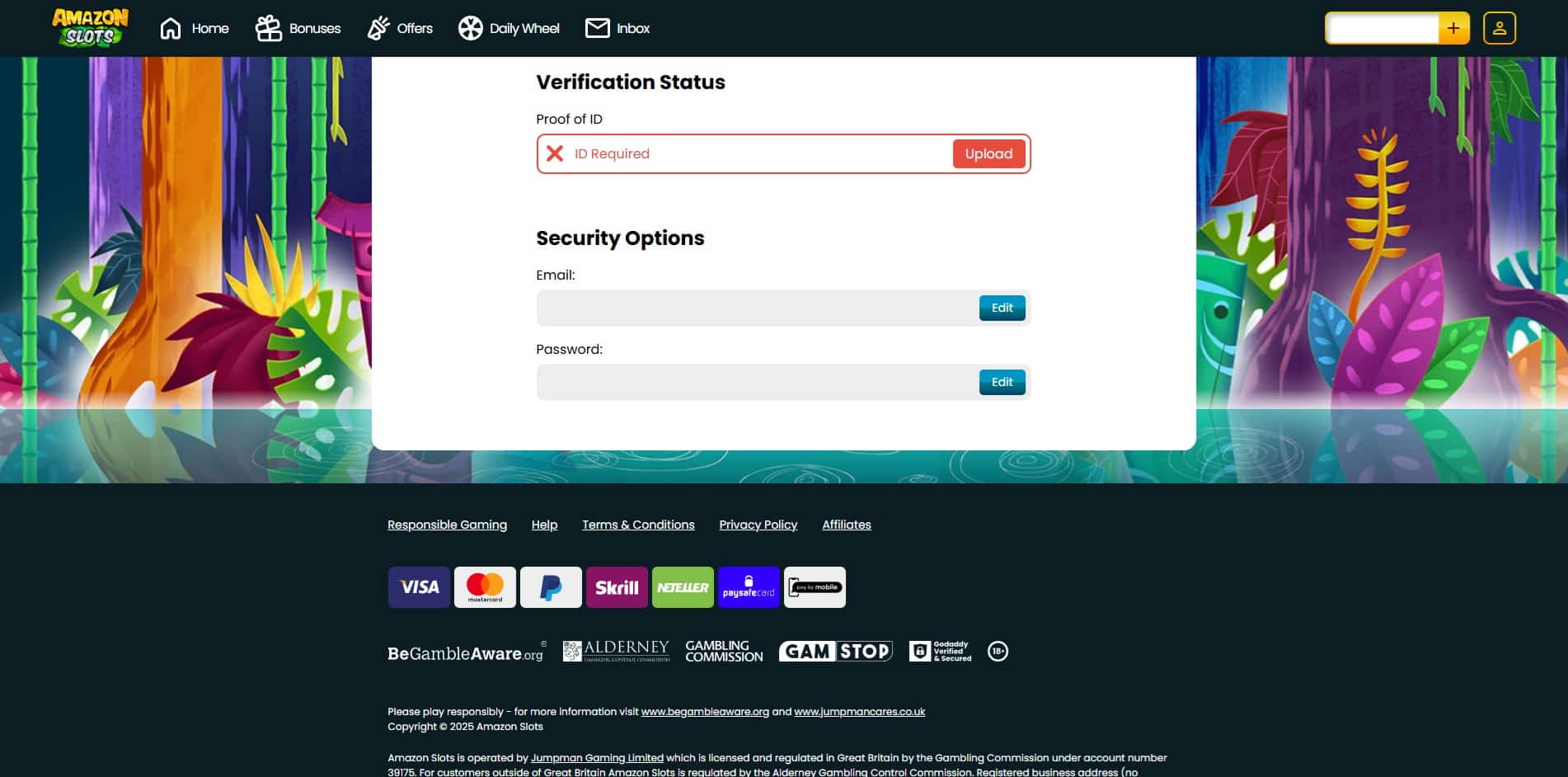 The ID upload option in the account settings of Amazon Slots