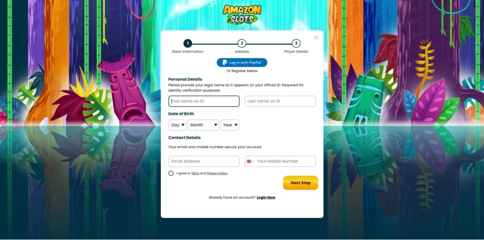 First page of the Amazon Slots sign up process