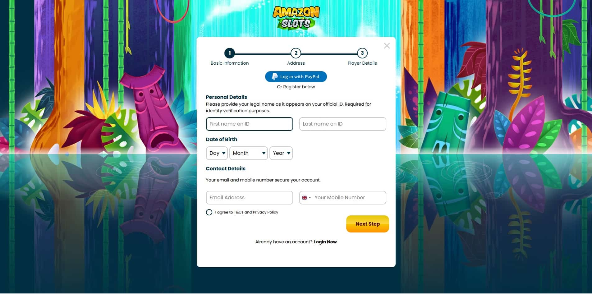 First page of the Amazon Slots sign up process