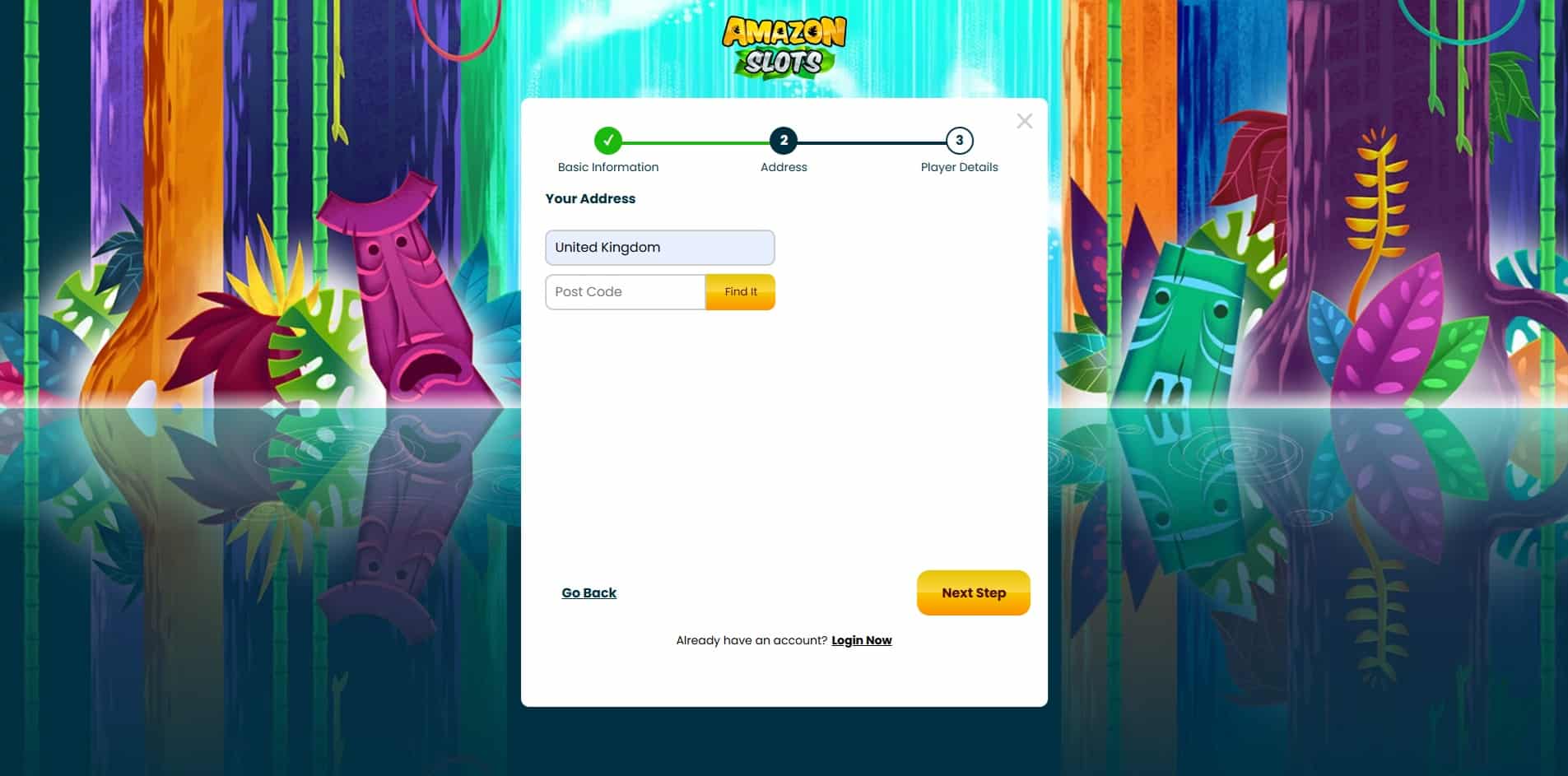 Second page of the Amazon Slots sign up process