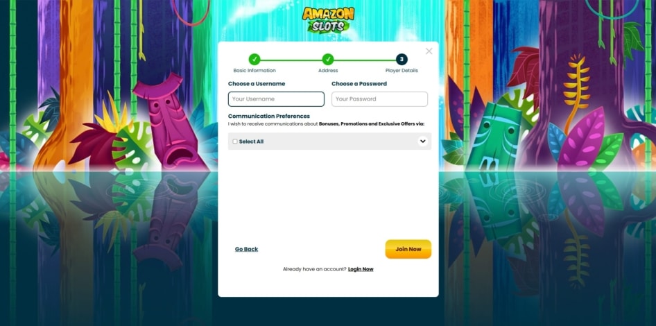 Final page of the Amazon Slots sign up process