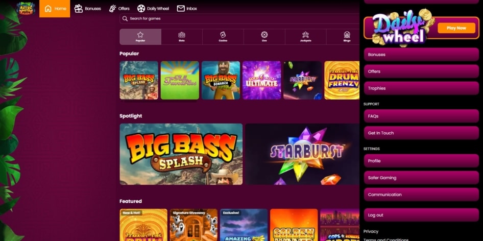 The account menu at Aztec Wins