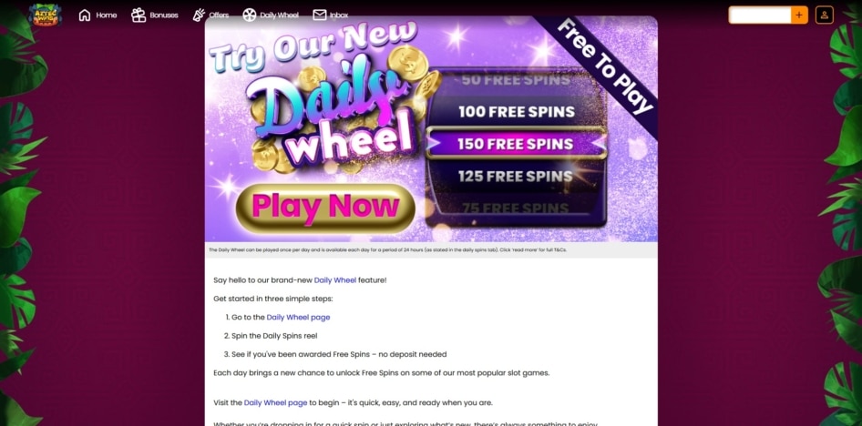 Daily Wheel promo at Aztec Wins