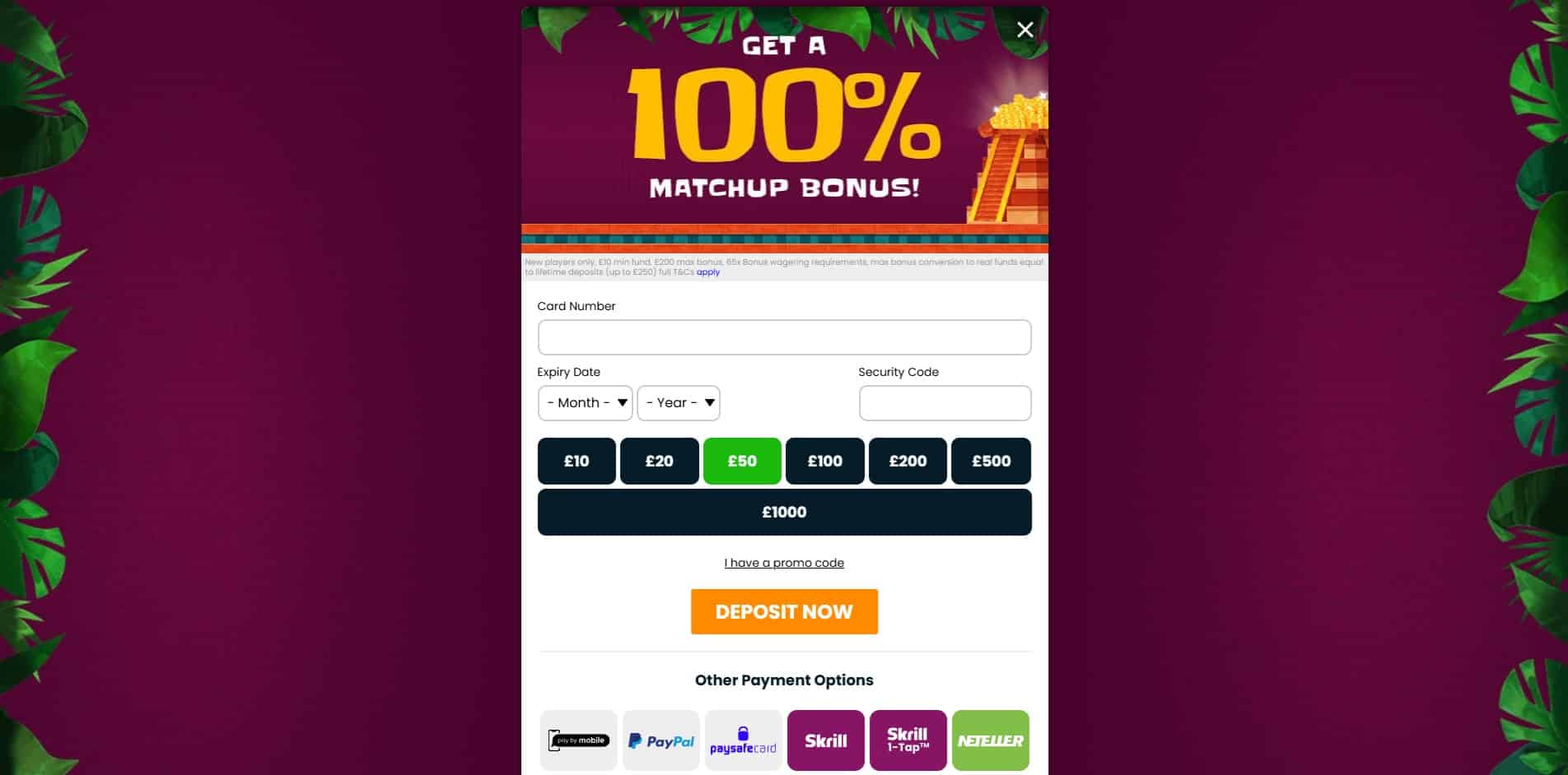 Aztec Wins deposit page