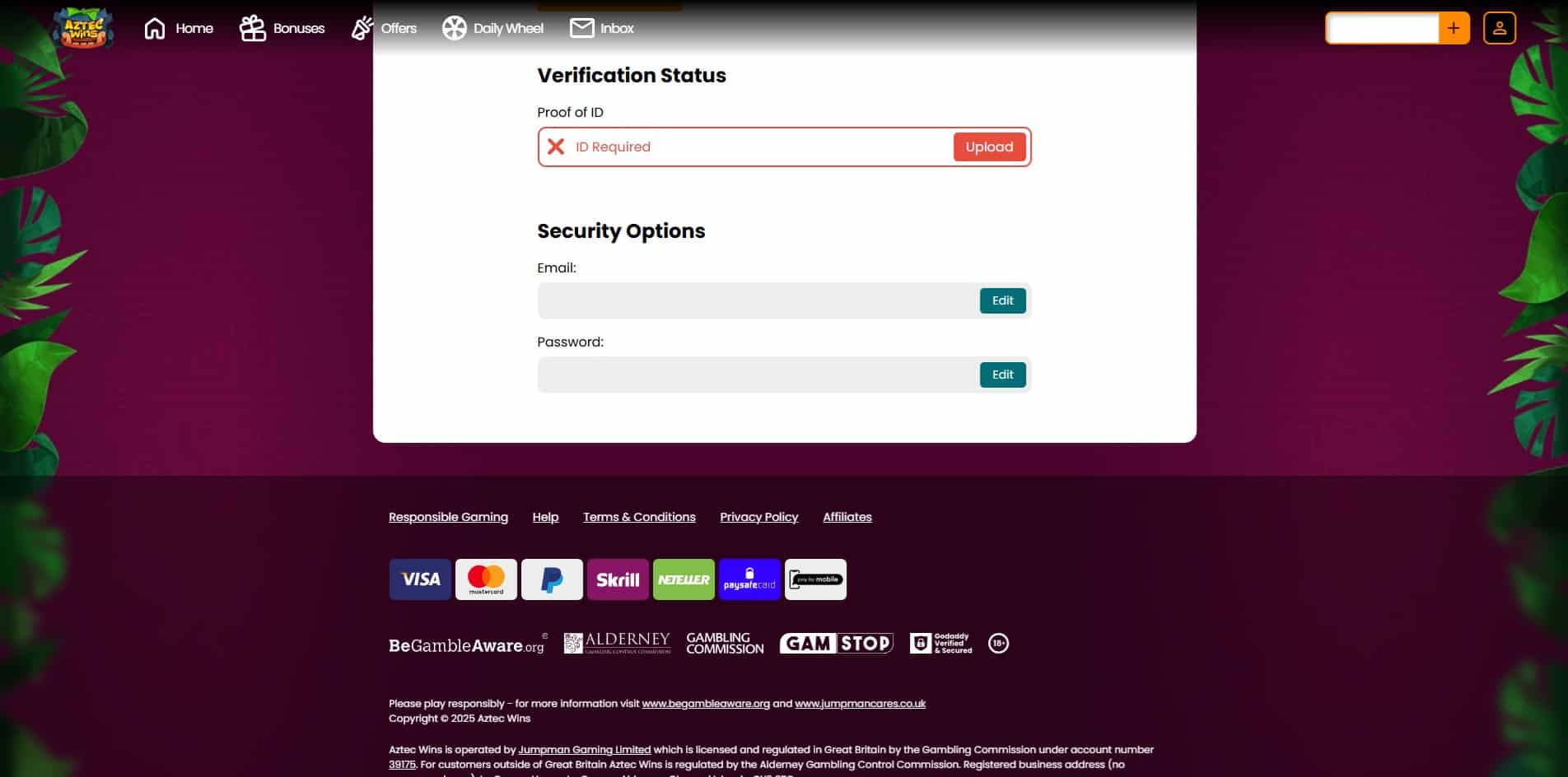 KYC page for Aztec Wins