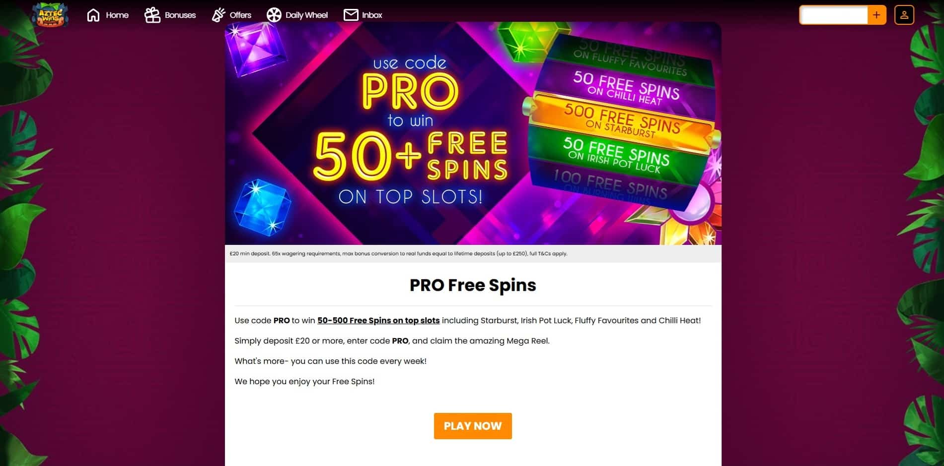 Mega Reel reload bonus at Aztec Wins