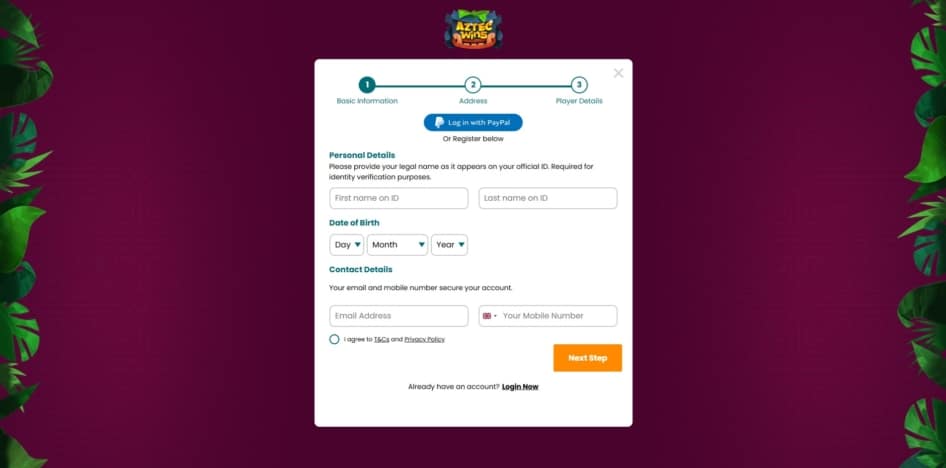 The first stage of the Aztec Wins sign up process