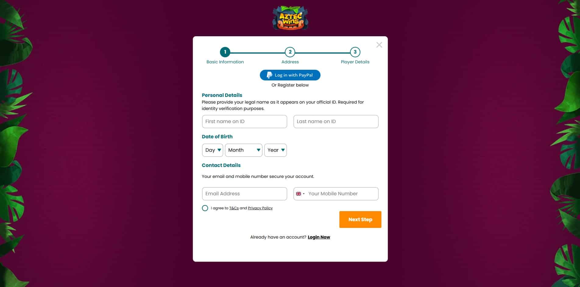 The first stage of the Aztec Wins sign up process