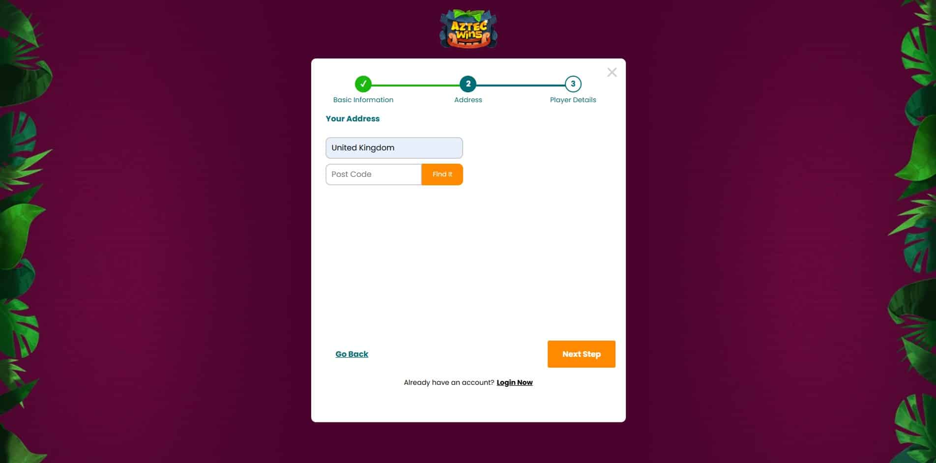 Second page of the Aztec Wins sign up process