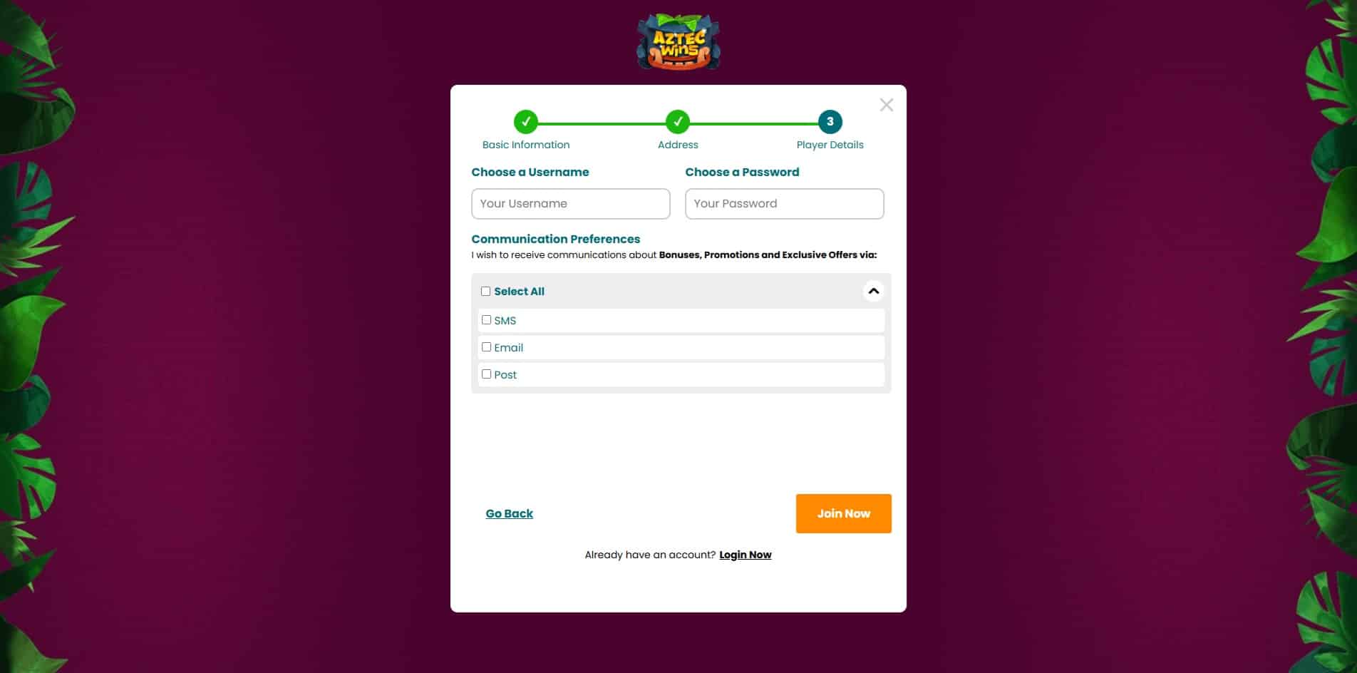 Third page of the Aztec Wins sign up process