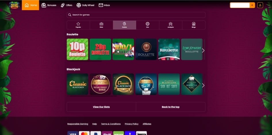 Table casino games at Aztec Wins