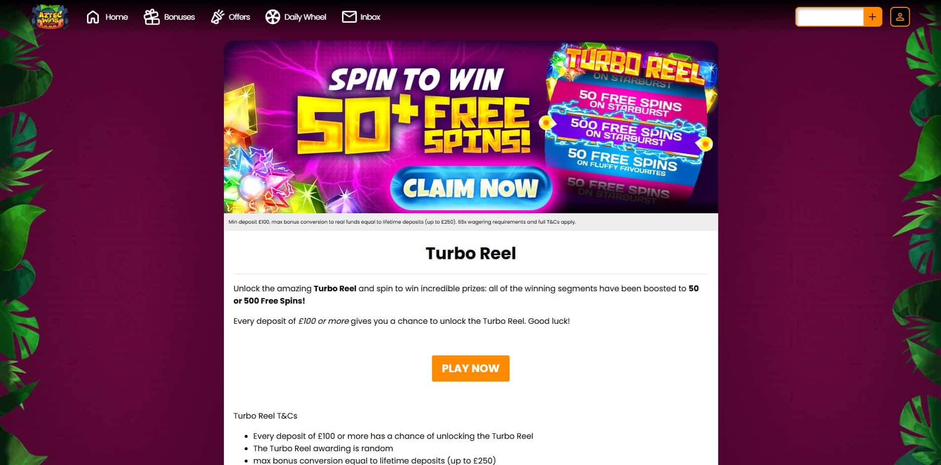 Turbo Reel promotion at Aztec Wins
